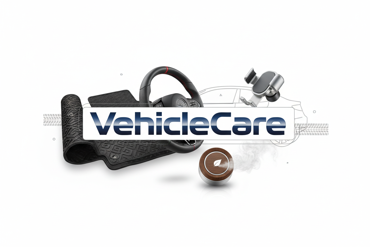 make me a banner for a brand the that sells car accessories with white background and brand name is "VehicleCare" 